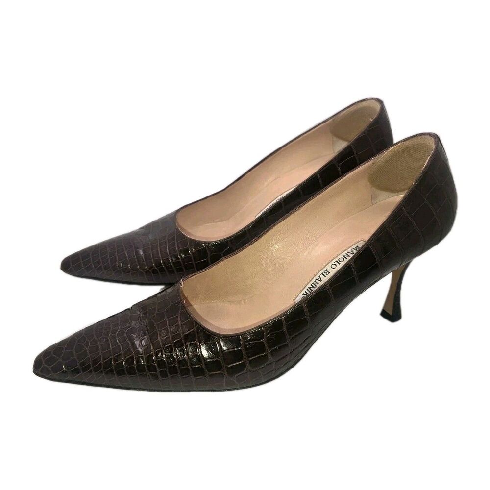 Manolo Blahnik Brown Croc Embossed Leather Pointed Toe Pumps Size 40.5